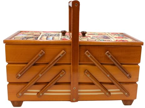Dekohelden24 Hochwertiger Nähkasten, Nähkästchen aus Furnierholz mit 7 Fächern und Stoffbezug Nadelmotiv in Mahagoni, L/B/H 42 x 20 x 21 cm