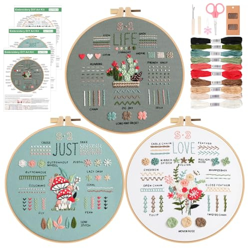JSRQT 3 Stück Stickerei Starter Kit Anfänger, Stich Praxis Stickerei Kit Erwachsene Kinder zu lernen 35 Verschiedene Stitch, Handwerk Stickstich Übungsset Sticken set mit Anleitung Hoop Nadel und Garn
