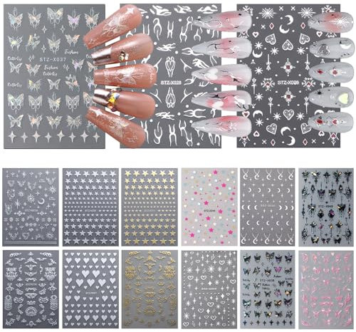 JSTHHTT 15 Blatt Nagelsticker Selbstklebend, Nail Art Zubehör, Nageldesign Zubehör, Stern Mond Sonne Schmetterling Nagelaufkleber, für Damen Mädchen Nagelkunst Dekoration