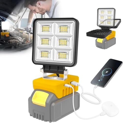 NATPOW faro led ricaricabile per 18V Dewalt Batteria, 6000K 2 modalità lampada portatile led ricaricabile con cavo USB, IP65 impermeabile faretto da lavoro per campeggio, garage, pesca, senza batteria