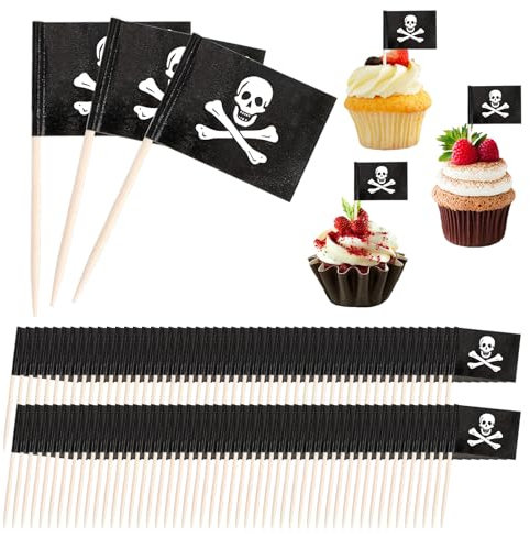100 Stück Pirate Zahnstocher Flaggen,Flaggen Spieße Pirate,Pirate Cocktail Stick,Piraten Dekoration Kuchen,Pirate Deko Fahne,Klein Mini Zahnstocher,für Cupcake Topper Vorspeisen Cocktail Partyzubehör