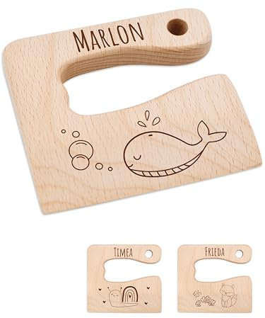 Bärenfreunde® - Personalisiertes Montessori Kinder Messer mit Gravur - Sicheres Holz Baby Besteck mit abgerundeten Kanten - Geburtstag Baby Geschenk (Wal)
