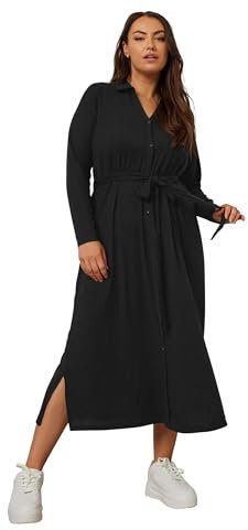 Yours Curve Ribbed Tie Waist Shirt Dress - Women's - Plus Size Curve Black