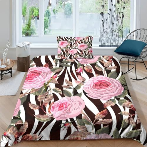 LIAOHENKAN English Roses Zebra Skin Full Size Duvet Cover Set for Teens Adults 2Pcs Ultra Soft Bedding with Zipper Closure Comforter Set Breathable Quilt Set for All Ages Single（135x200cm）