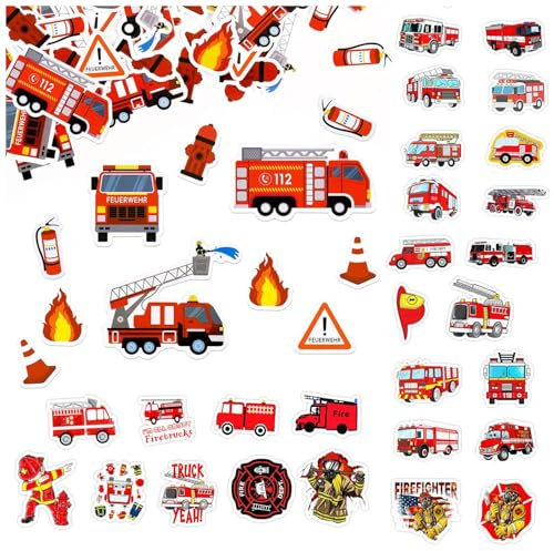 CVDYWDJIE 100 Coriandoli della Serie Fire, 50 Adesivi Graffiti per Autopompe, Decorazione A Tema Vigili del Fuoco, Decorazione per Festa di Compleanno per Bambini
