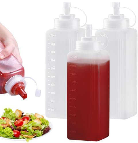 WANDGU Bottiglia Squeeze di Plastica: 3 Pezzi 1000ML Bottiglia Squeeze Bocca Grande, Trasparente Condimento Dispenser, Riutilizzabili Flacone Dosatore con Tappi per Ketchup, Salse, Olio d'Oliva