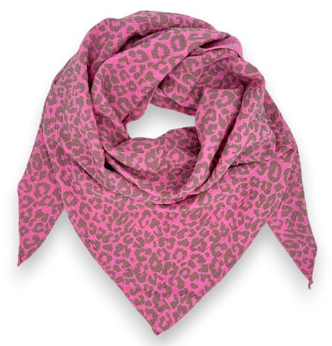 Ziona Musselin Tuch Damen Leo Dreieck Made Italy 195 x 72 cm Herbst Winter Halstuch leoprint Schal Baumwolle (Pink-Grau-Beige)