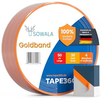 sowala Goldband Malerkrepp 30mm x 50m für scharfe Farbkanten - 25 Rollen | 30 Tage UV-beständig - dünnes Washi-Papier für präzises Abkleben innen und außen