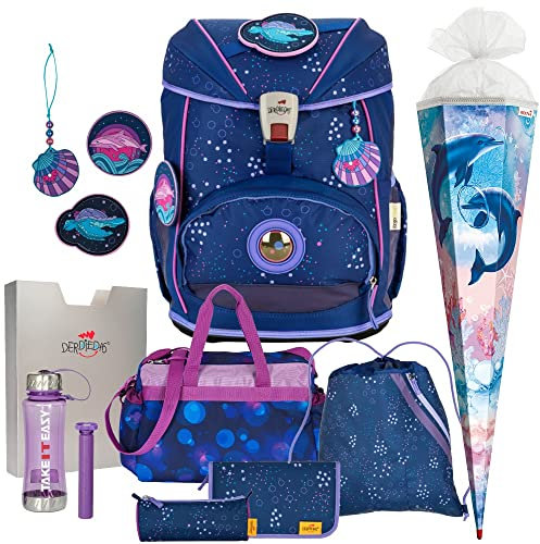 Schulranzen Mädchen 1. Klasse Deep Ocean ErgoFlex Buttons Schulranzen-Set 8tlg. mit Schuhbeutel, passend dazu Sporttasche Schultüte - Trinkflasche Gratis