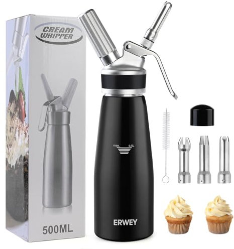 ERWEY Siphon Chantilly 500ml, Siphon à Chantilly en Aluminium, Siphons de Cuisine avec 3 Douilles et 1 Brosse de Nettoyage pour Décoration Patisserie et Desserts