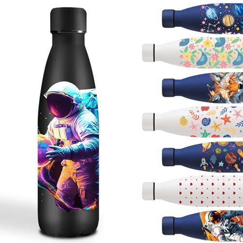 Gourde, 500ml Gourde Isotherme, Bouteille d'eau Sans BPA, Gourde Personnalisée avec Astronaute, Gourde Enfant Garde au Froid Pendant 24 Heures/Chaud Pendant 12 Heures, pour l'École, Bureau, Noir