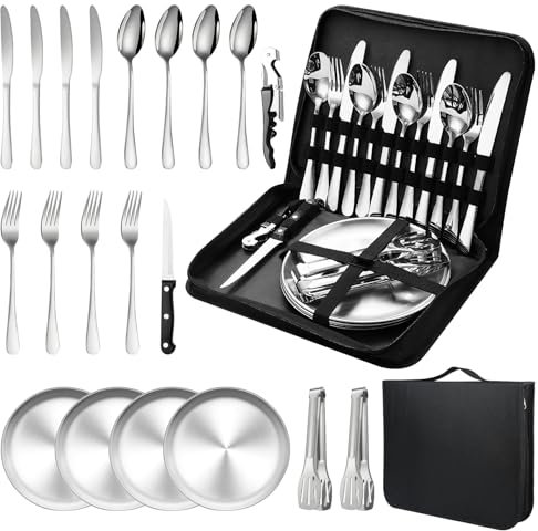 Camping Cutlery Set,20pcs Stainless Steel Cutlery Set,Camp Bowl and Camping Essentials,Portable Cooking Utensils for 4, Picnic and Campervan Accessories for Travel, Picnic, Outdoor Hiking