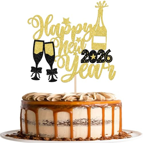 1 Packung Silvester Deko 2026 Frohes Neues Jahr Kuchen Deko Cake Toppers 2026 Happy New Year Tortendeko Cupcake Toppers für Neujahrsdeko Kuchendeko für Geburtstag Dekoration Schwarz Gold