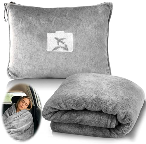 Weiche & Warme Reisedecke für Flugzeug & Auto, Reisedecke Kissen 2 in 1, 152 x 127 cm Weiche Flugzeugdecke, Ultraleichte Kuscheldecke Kompakte Decke für Flugzeug, Auto, Büro, Zuhause (Grau)