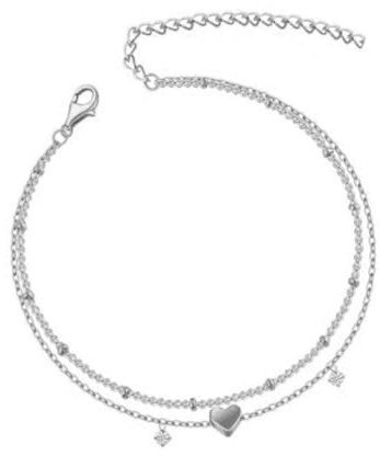 Ringschlüssel Sterlingsilber für Frauen mit Herzanhänger, zierliche Lagen-Fußkettchen für Frauen, trendiges, schlichtes Ketten-Fußkettchen-Set, Geschenke für Teenager-Mädchen, (Silver, One Size)