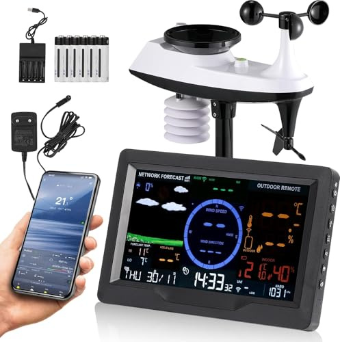 Bonvoisin Professional 7-in-1-Wetterstation mit Kabellosem, Solarbetriebenem Außensensor, Farb-WLAN-Display mit 2 Batteriesätzen und Notfall-Ladegerät für Haus und Garten (EU)