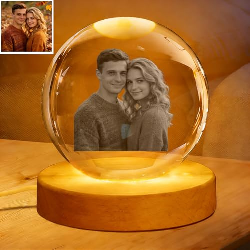 Personalisierte Kristallkugel mit Gravur für Ihr eigenes Foto, Geschenk für Liebhaber, Familie, Freunde, Hunde, Katze, Geburtstag, Hochzeit, Gedenkabschluss, (rund)