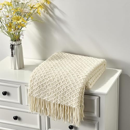 CREVENT Landhaus-Stil Boho Strickdecke für Couch Sofa Sessel Bett Wohnzimmer Dekoration, Weich Warm Gemütlich Leichtgewicht für Frühling Sommer Herbst - 152x203 cm Beige