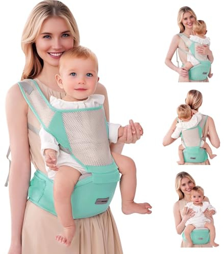Ergonomische Babytrage mit Verstellbarem Gurt - 6-in-1 Neugeborenen-Kleinkind-Tragetuch, Atmungsaktive Mesh-Babytrage für Sommer, Kompakt für Reisen & Outdoor-Abenteuer (Grün)