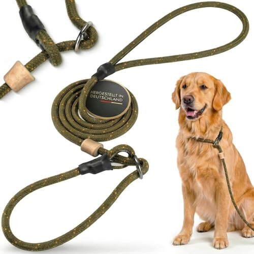 Themahund Moxonleine mit Zugstopp & Handschlaufe, 6 mm, 200 cm, Oliv | Geweih-Stopper handgefertigt, Retrieverleine & Schlupfleine für Training, Jagd & Hundeschule