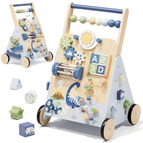 Lehoo Castle Dinosaur Wooden Baby Walker Montessori Toy 1 Year Old Boy Gift | Anti-Tip & Speed Control, 1st Birthday Gift for Boys, Solid Wood & Floor Friendly, Sensory Activity Center, Early Learning