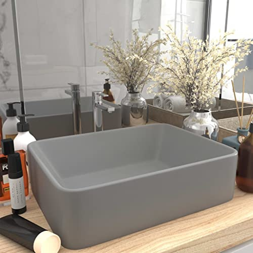 Mokuyary Lavabo de luxe Gris clair mat 41x30x12 cm Céramique Lavabo, Vasque à Poser au-dessus du Comptoir pour Salle de Bains, WC d'invités, Hôtel, Toilettes