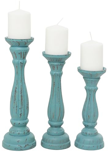 Deco 79 Wooden Decorative Candle Holder Distressed Candle Stand, Set of 3 Candlestick Holder 15, 13, 11H, Blue