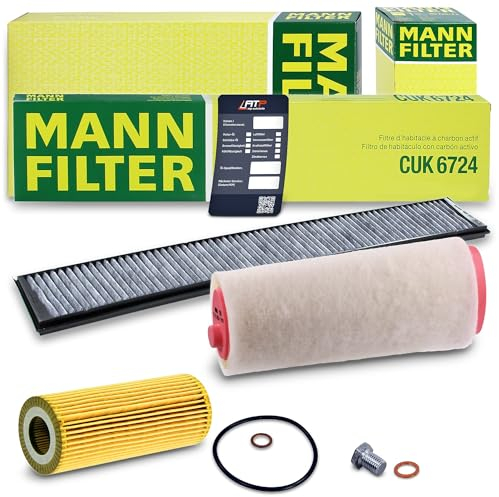 MANN-FILTER Inspektionspaket Filterset 1x Ölfilter, 1x Luftfilter, 1x Innenraumfilter (Aktivkohlefilter), 1x Ölablassschraube mit Dichtring, 1x Ölwechselanhänger Kompatibel mit BMW 3er (E46), X3 (E83)