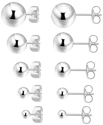 Small Silver Stud Earrings for Women: Hypoallergenic Sterling Silver Round Ball Stud Earrings for Multiple Piercing 5 Pairs Cute Earrings Set 2mm 3mm 4mm 5mm 6mm