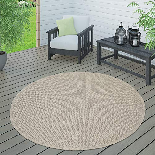 Paco Home In- & Outdoor Teppich wetterfest für Garten, Terrasse & Balkon flachgewebt in Moderner Sisaloptik einfarbig pflegeleicht & UV-beständig, Grösse:200 cm Rund, Farbe:Beige