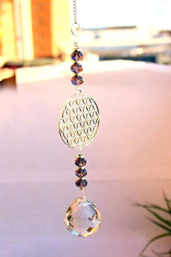 SIMBOLIKS Atrapasoles Flor de la Vida con Esfera de Cristal Facetada – Adorno Feng Shui para Ventana, Geometría Sagrada y Energía Positiva – Armonizador de Espacios con Luz del Arcoíris
