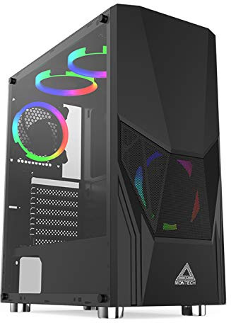 Montech Fighter 500 Black ATX Mid-Tower Computer Gaming Case/Pre-Installed Four Rainbow LED Fans, High-Airflow, Mesh 3D Front Panel, Tempered Glass, Magnetic Dust Filter/ATX,Micro ATX,Mini-ITX