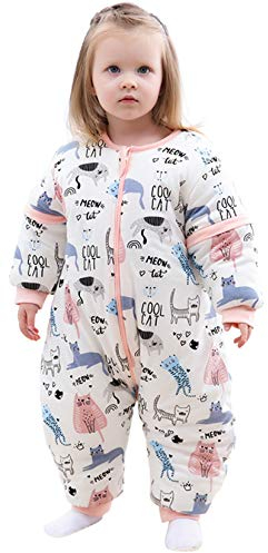Chilsuessy Babyschlafsack 3.5 Tog Winter Kinder Schlafsaecke mit abnehmbar Langarm und Beinen,aus gesund Bio Baumwolle Baby Winterschlafsack, Süße Katze/3.5 Tog, 70cm/Baby Höhe 75-85cm