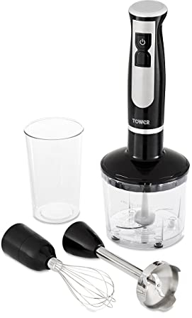 Tower T12053BLK 4-in-1 Multi-Use Hand Blender with Stainless Steel Blades, Chopper, Whisk, Bowl, Beaker, 600W, Black