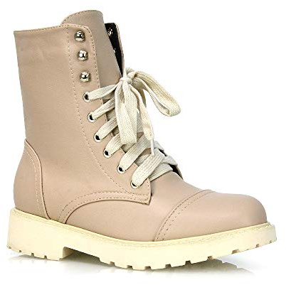 ESSEX GLAM Womens Lace Up Ankle Boots Chunky Grip Sole Ladies Winter Retro Combat Goth Biker Military Army Shoes Booties Size 3-8 (8 UK, Nude Synthetic Leather, 8)