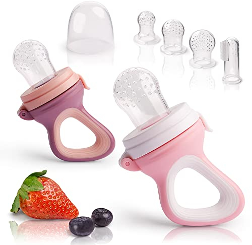 iFancy 2 Tetinas de Fruta para Bebés y Niños | Silicona Higiénica sin BPA | Ayuda para la Dentición | 6 Tetinas de Repuesto en 3 Tamaños - Rosa/Morado