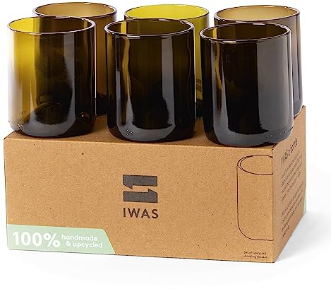 IWAS Upcycled Olive Drinking Glasses | 250 ML | 8.45 OZ | (Set of 6) | Recycled Glass Tumblers