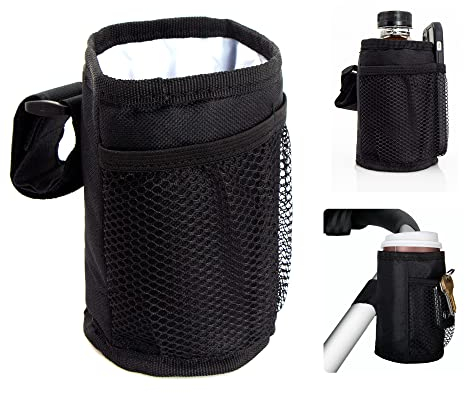 Getränkehalter Kinderwagen Zubehör Buggy Universal - Faltbar Becherhalter Multifunktionaler Stofftaschen Babyflasche Flaschenhalter mit Handyhalter, für Rollstuhl, Fahrrad (1pcs, Schwarz)