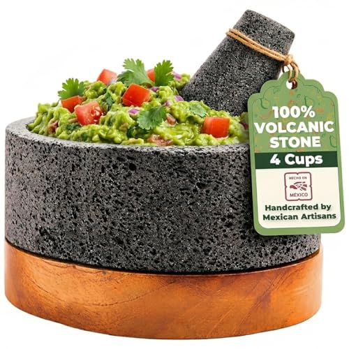 YO PIDO Molcajete 8 in with Wood Stand ; Spice Mortar; Made with Volcanic Stone; Molcajete Handmade in Mexico; Guacamole and Salsa Maker; Includes Pestle Stone