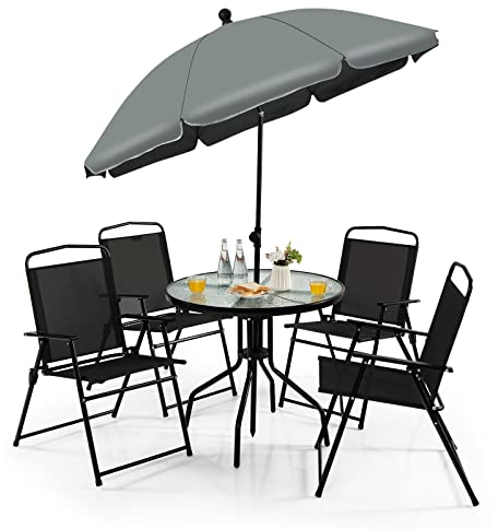 GOPLUS Gartenstuhl-Set, 4 Gartenstühle mit Tisch aus Glas & Patio-Schirm, Abriebfeste & Atmungsaktive Stoffe, Klappbarer Stuhl, Gartenmöbel Set für Balkon Terrasse Garten, Schwarz+Grau