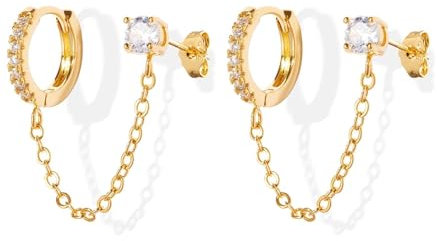 Kenivira 18K Gold Plated Cubic Zirconia Chain Earrings - Hoop Huggie Double Piercing Dangle Earrings for Women