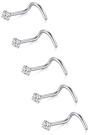VFUN 22 Gauge Nose Stud Screw Nose Ring Stainless Steel Sterling Silver Nose Studs for Women Clear Diamond CZ 1.5MM Corkscrew Nostril Piercing Jewellery
