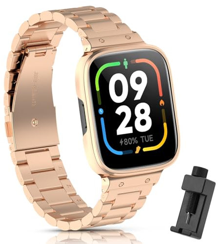 Xisair Correas de Metal Compatible con Redmi Watch 3 Active Correa de Repuesto Pulsera de Acero Inoxidable con Funda Protectora para Reloj Inteligente Redmi Watch 3Active Pulseras