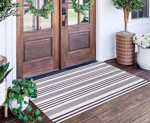 Purple and White Striped Outdoor Rug 24'' x 51''Outdoor Front Porch Rug Hand-Woven Machine Washable Indoor/Outdoor Layered Door Mats for Entryway/Bedroom/Outdoor