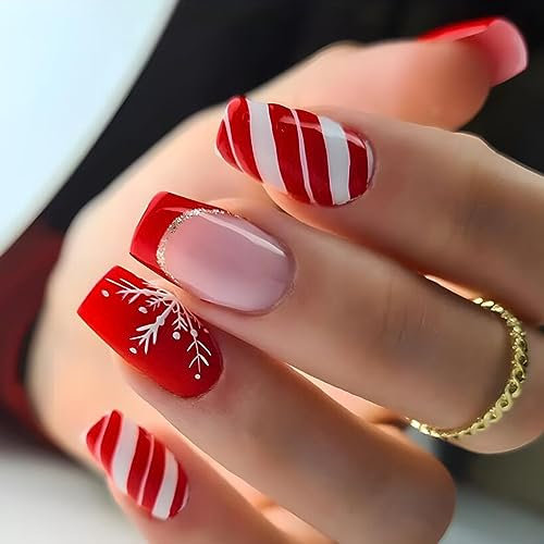 Faux Ongles Court MouyouGlow,Ballerine Rouge French Flocon de Neige Canne à Sucre Le jour de Noël Press on Nails avec Colle à Ongles,Nouvel An Fake Nails