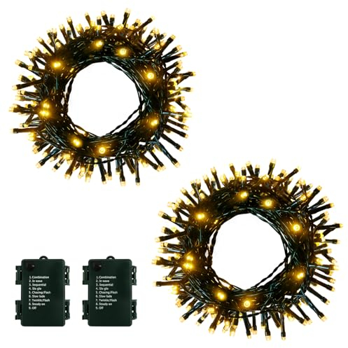DreiWasser Lichterkette Batteriebetrieben, 2 x 100 LED Warmweiß Lichterkette Batterie Timer 8 Modi für Weihnachts-, Partys, Deko- and Innenanwendungen