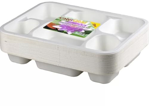 Thali Outlet - 300 x Thali Food Trays 6 Compartment Punjabi White Bagasse 12 x 9 - Dinner Plates for Indian Events