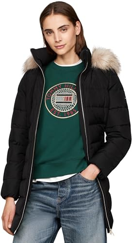 Tommy Hilfiger Damen Daunenmantel Heritage Down Tyra Coat With Fur mit Taschen, Schwarz (Black), XL