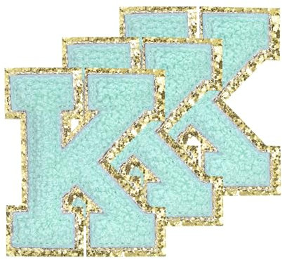 sourcing map Chenille Letters K Patches Large Size 80mm/3.15 Inch Iron-on Letters K Patches Golden Glitter Embroidered Patches for Clothing, Shoes, Hats, Backpacks Pack of 3(Blue)