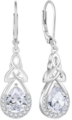 FJ Keltischer Knoten Ohrringe Damen 925 Sterling Silber Unendlichkeit Tropfen Hängend Leverback Zirkonia Ohrringe mit April Geburtsstein Irischer Glücksschmuck Geschenke für Frauen